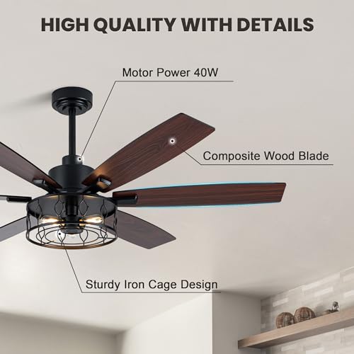 Image of Dawn Whisper Black Ceiling Fans with Lights 60 Inch Farmhouse Ceiling Fan with Remote Quiet Reversible DC Motor 6 Speeds 8 Blades Large Industrial Chandelier Fan for Living Room Bedroom