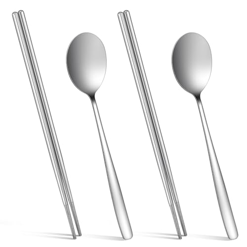 Sibba Set di 2 paia di bacchette in acciaio inox e 2 cucchiai di posate, leggere, antiscivolo, cinesi, giapponesi, coreane, posate portatili, in metallo, per adulti, cucina, casa, ristorante