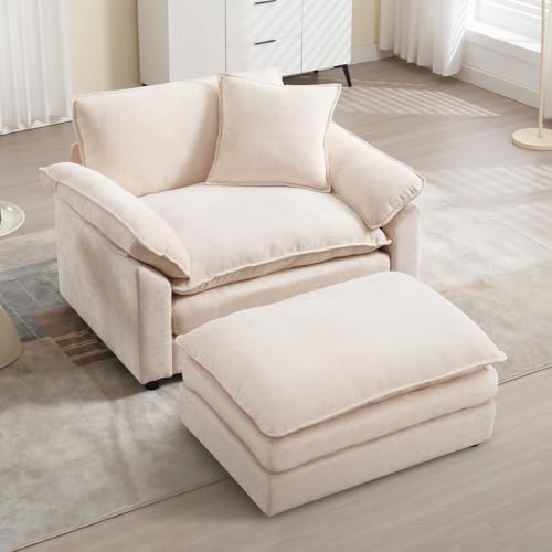Linyuanwai Modern Oversized Chair with Ottoman, Comfy Chenille Accent Chair Large Upholstered Armchair with Extra Thick and Deep Seat Lounge Chair for Living Room,Bedroom,Apartment (Beige)