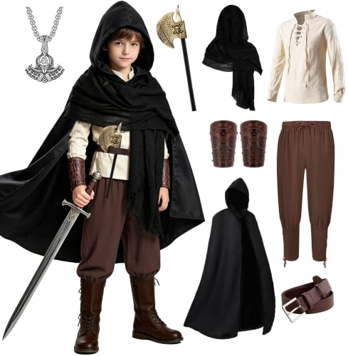 Image of 8 Pcs Medieval Costume for Boys Renaissance Viking Pirate Tunic Outfit for Kids