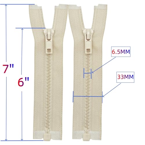 Image of MebuZip 2PCS #5 6 Inch Separating Jacket Zippers Resin Zipper Molded Plastic Zippers Bulk for Sewing Coat Jackets Clothes (Beige)
