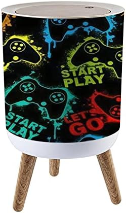 Round Trash Can with Press Lid Seamless abstract with colorful silhouettes joystick game for boys Small Garbage Can Trash Bin Dog-proof Trash Can Wooden Legs Waste Bin Wastebasket 7L/1.8 Gallon