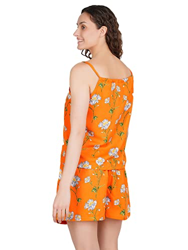 Image of Women's American Crepe Floral Orange Night Suit Set of Top & Shorts