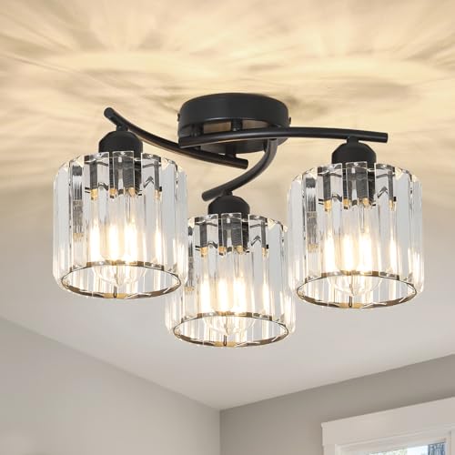Crystal Semi Flush Mount Ceiling Light,3-Light Black Close to Ceiling