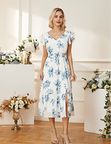 Grace Karin Women 2023 Summer Dress Midi Dress V Neck Ruffle Cap Sleeve Ruffle Hem Tiered A-Line Wedding Guest Dress Blue Floral Dress M #TOP6