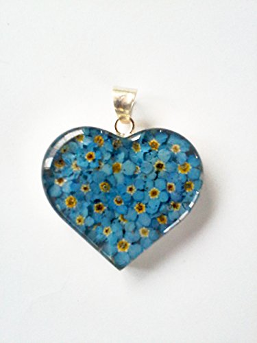 Sterling Silver Big Heart Dried Pressed Flower Pendant Blue forget me not $24.99