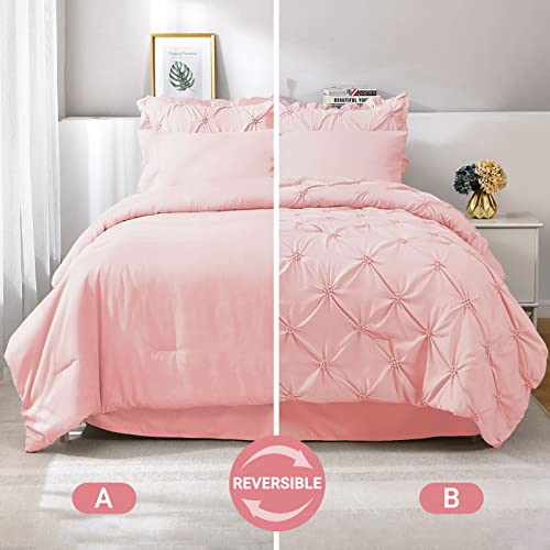 JOLLYVOGUE King Size Comforter Set 7 Pieces, Pink Bed in a Bag Comforter Set for Bedroom, Beddding Sets with Comforter, Sheets,Ruffled Shams & Pillowcases