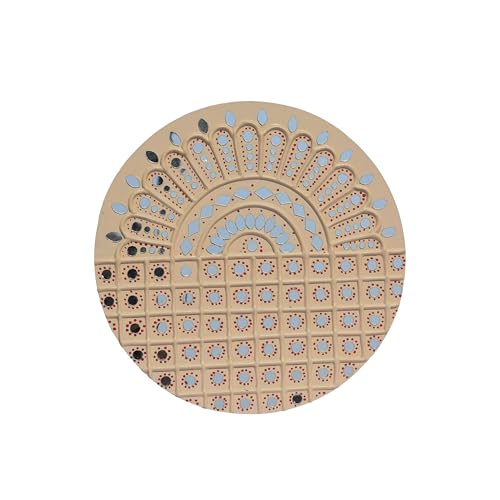 Image of Ethnics of Kutch Traditional Kutch Handicraft Mud-Mirrorwork Lippan Kam Wall Art (Water and Break Resistant) - Round (12 Inch Diameter) - (Cream LKT-0274)