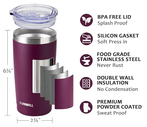 Image of SUNWILL Travel Coffee Tumbler 20 oz, Insulated Mug with Lid, Stainless Steel Cup for Hot and Cold Drinks, Powder Coated Plum