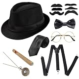 Xuhan Mens 1920s Great Gatsby Gangster Costume Accessories Set Hat Suspender Bow Tie Pocket Watch (D-Black)