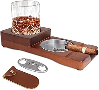 X-BLTU Wooden Cigar Ashtray Wood Solid Cigar Ashtray Whiskey Glass Tray and Cigar Holder,Cigar Slot/Tray,Cigar Cutter with cover,Stainless Steel Pocket Cigar Tool,Cigar Whiskey Accessory Set