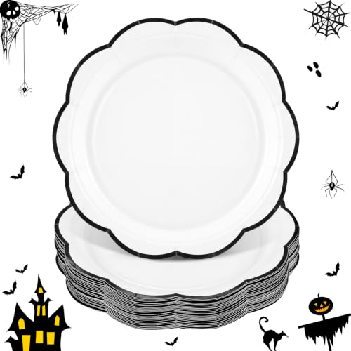 Image of 30 Pcs Black and White Paper Plates 7 Inch Halloween Plates Disposable | White Cake Dessert Plates with Black Trim Scalloped Party Plate for Baby Shower, Wedding, Bridal Shower, Birthday