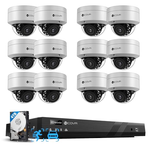 4COVR 16 Channel PoE Security Camera System AI Human/Vehicle Detection, 12Pcs IK10 Vandal-Proof 5MP Wired Commercial Dome IP Camera IP67, 16CH 4K NVR 4TB, Business Surveillance Outdoor, LY54