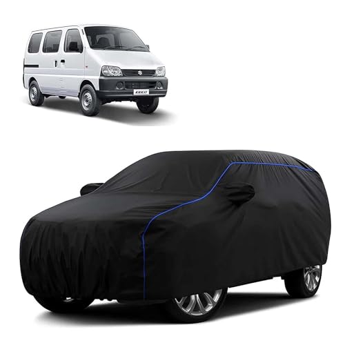 Image of Sulfar 100% Water Resistant Car Body Cover Compatible with Mirror for Maruti Suzuki Eeco (Triple Stitched, Full Bottom Elastic, Black Tafetta with Blue Piping)