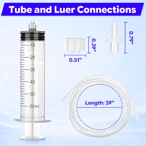 Image of 60ml Luer Lock Syringe with 39 Inch Plastic Tube and Luer Connections | 2 Pcs 39 inch Long Tubing and Luer Connections Tips for Measuring or Refilling Liquid, Ink, Oil, Feeding Pets, Watering Plant
