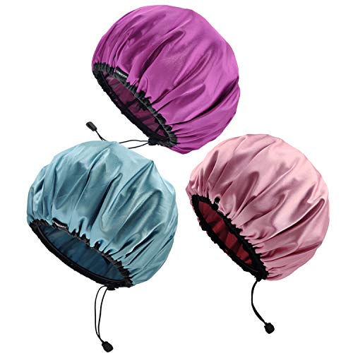 Shower caps 3 Packs,Large Size & Adjustable & Double Lawer & Multi Color Waterproof Bath Hats for Women