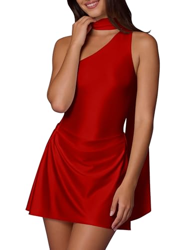 BEAGIMEG Women's Sexy Elegant One-Shoulder Asymmetric Neck A-line Cocktail Club Party Mini Dress red