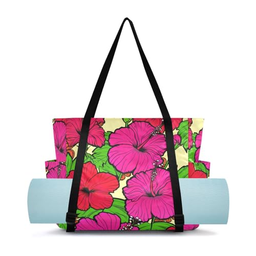 Lxqimora Hibiscus Green Leaves Yellow Yoga Mat Bag for Women Water-Resistant Gym Bag with Yoga Mat Holder Tote Bag for Gym Pilates Travel Yoga