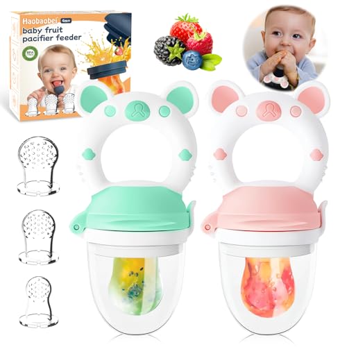 Image of HAOBAOBEI Baby Fruit Feeder and Silicone Teether, 2 Pack with 4 Silicone Pouches in 3 Sizes (Bear- Blue Pink)