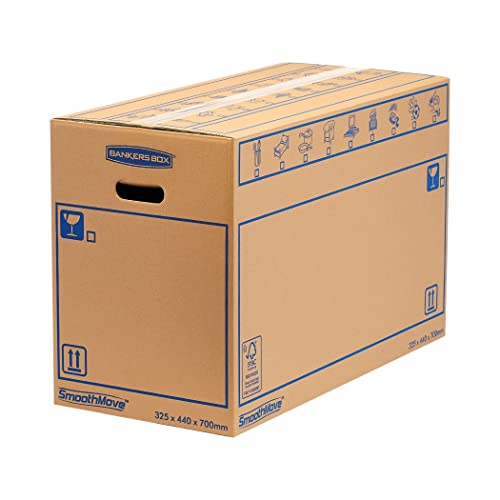 5 BANKERS BOX EXTRA LARGE Strong Moving Boxes, 100L SmoothMove Cardboard for Packing & Moving, Heavy Duty Double Wall for Moving House with Handles, 70cm x 44cm x 33cm (Pack of 5), Brown