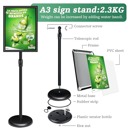 A3 Ständer Schilderhalter freistehende Schilder Aluminium Display Ständer Boden Poster Ständer für Informationen, Menüs, Hinweise, schwarz