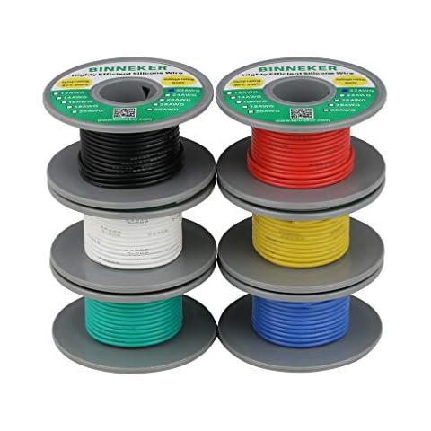 BINNEKER 22 Gauge Silicone Wire Kit 6 Color Red Black White Blue Green Yellow(6m/19.7ft Each) High Resistant 200 deg C 600V Electronic Wire 22 AWG Stranded Wire 60 Strands Tinned Copper Wire Hook Up Cover