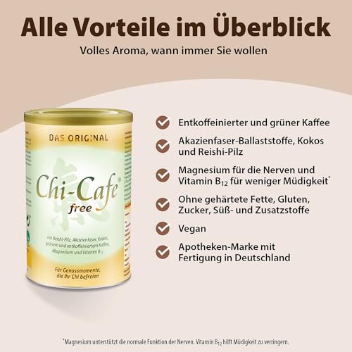 Dr. Jacob's Chi-Cafe free 250 g | Getränkepulver mit grünem und entkoffeiniertem Kaffee, Reishi-Pilz, Ballaststoffen, Kokos, Magnesium und Vitamin B12 | vegan | 50 Tassen - Zusatzansicht 4 | Cappuccino