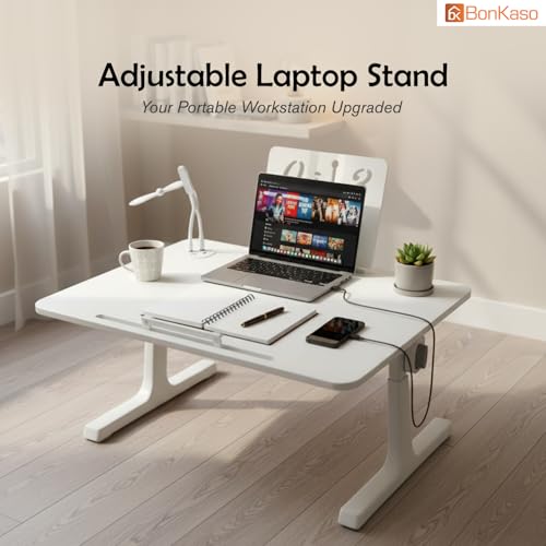 Image of BonKaso Adjustable Laptop Table for Bed (60x40 cm) | Foldable Lap Desk with Book Holder & Mobile Stand | Engineered Wood Portable Study Table for Work from Home, Reading & Study (White)