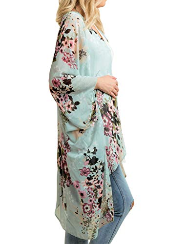 MayBuy Women's Summer Long Flowy Kimono Cardigans Boho Chiffon Floral Beach Cover Up Tops