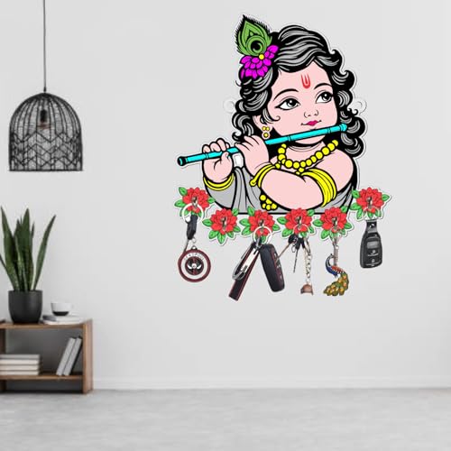 Webelkart Beautiful Krishna Designer Wooden Key Holder for Home/Office Decor/Key Hanger for Wall Decor,Key Holder for Home,Diwali Decorative Item (10" Inches)