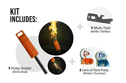 Phone Skope Pyro Putty MEGA Ferro Rod - Comes with 2, 0.5 oz Cans of Putty Putty (Summer and Winter) & a Multitool Striker (Mega Ferro Rod Orange Kit)