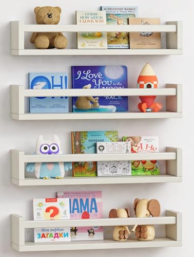 Forbena Floating Nursery Book Shelves for Wall Set of 4, Wall Bookshelf for Kids Room, White Wood Hanging Bookshelves Book Shelf for Baby Toddler Childrens Boy Girl Bedoom Toy and Decor Storage