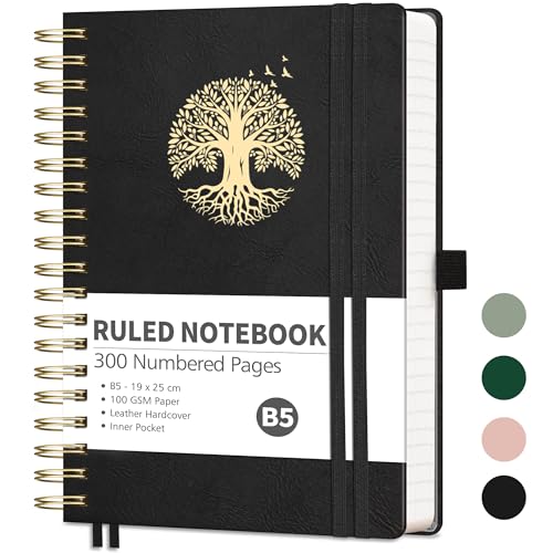 RETTACY Lined Journal Notebook-300 Numbered Pages B5 Note Book Hardback, Notepad,Thick Spiral Bound Journal for Men,100gsm,Sticky Notes,19 x 25 cm - Black