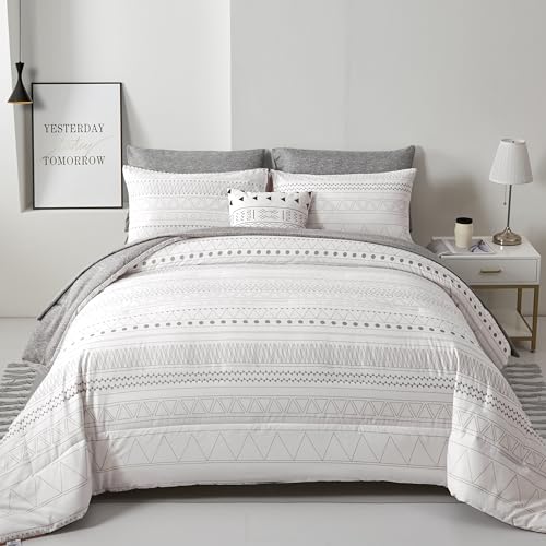 WONGS BEDDING Boho Comforter Set Queen,7 Pieces White Grey Geometric