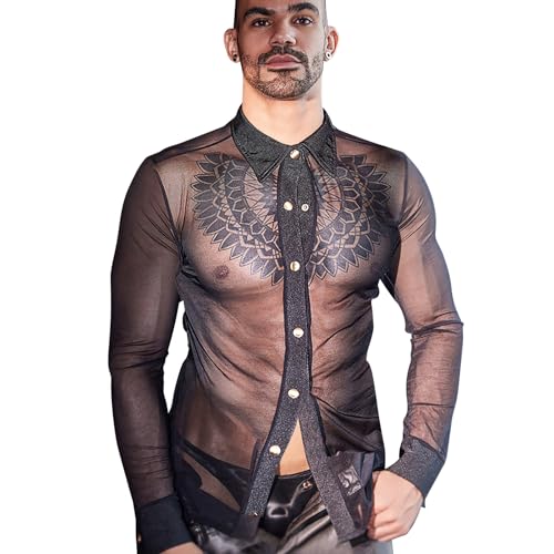 Men's Sheer Turn Down Shirt Sexy Mesh See Through Black Long Sleeve Muscle Tops Casual Nightclub Party Underwear4