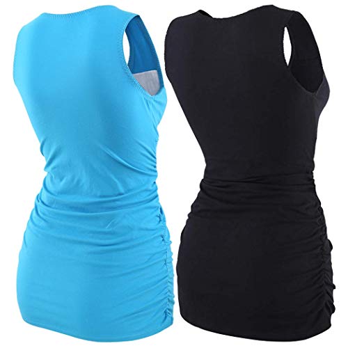 Zumiy Nursing Maternity Top, Pregnant Breastfeeding Shirt, Women's Cotton V Neck Ruched Waist Double Layered Postpartum Tank (Black+Lake Blue/2-Pk, S) #TOP1
