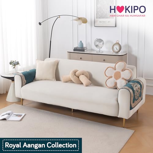 Image of HOKIPO Shahi Teal Premium Chenille Jacquard Sofa Armrest Cover - 1 Pair | 'Royal Aangan Series' (IN-1006-L2*2)