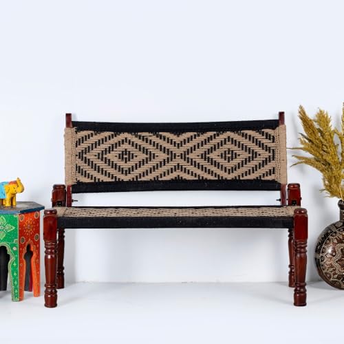 Image of Srima Wooden Bench for Living Room | Handcrafted Sheesham Wood Backrest Bench for Balcony & Garden | Traditional Rajasthani Patio for Outdoor with Cotton Handwoven Rope | Beige and Black
