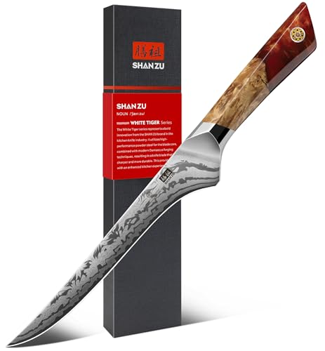 SHAN ZU Damast Filetiermesser, Japanisches Ausbeinmesser aus SG2-Pulverstahl, Handgeschmiedetes 18cm Fisch Filiermesser aus 91 Schichten Damaststahl, Ergonomischer Ahorngriff – WHITE TIGER Series
