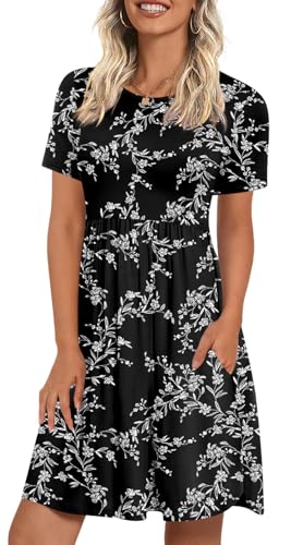 LONGYUAN Woman Casual Dress Flowy Short Sleeve Hide Belly Swing Sun Dress Flowy with Pockets Floral...