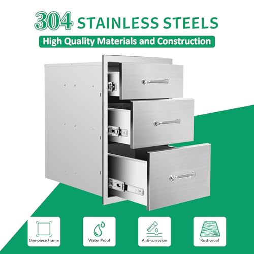 Image of Outdoor Kitchen Drawers 18 inch Wx 24 inch H x 23 inch D Stainless Steel Triple Drawers with Ergonomic Handle for BBQ Island, Patio Grill Station & Outdoor Kitchen Cabinets