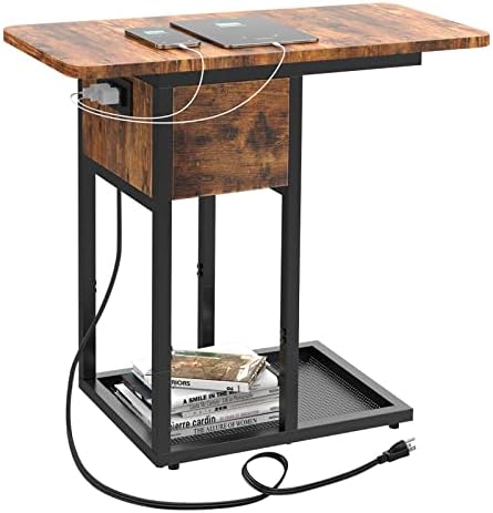 Fodsom C Shaped End Table with Charging Station, Flip Top Small Side Table with USB Ports and Outlets, C Table with Storage Shelf for Living Room, Bedroom, Brown