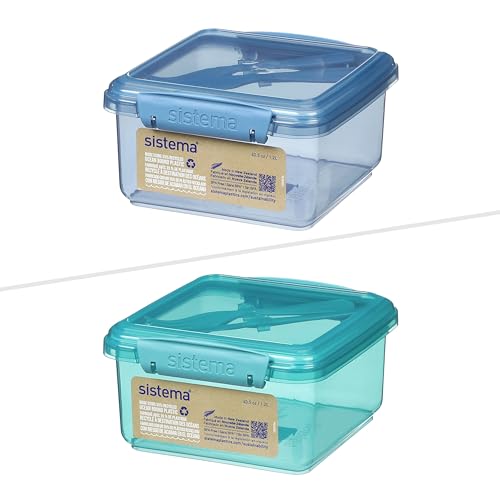 Sistema Ocean Bound Lunchbox mit Besteck aus Kunststoff | 1,2 l Frischhaltedose mit Gabel und Messer | BPA-frei, aus recyceltem Kunststoff | Blaugrün oder Blau (Farbe nicht wählbar)