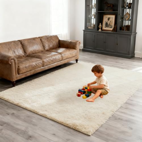 Grand tapis de salon 250x270 extra doux couleur unie crème haut de gamme