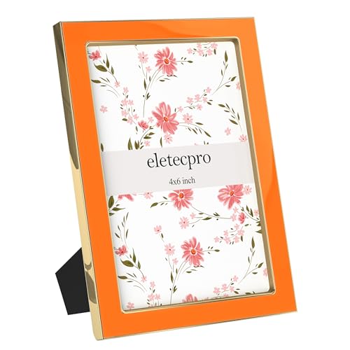 Image of eletecpro 4x6 Enamel Picture Frame with Real Glass Cover, Cute Photo Frame with Gold Metal Edge, Horizontal and Vertical Display Pictures 4 by 6 for Tabletop and Wall Decor, Orange, 1 Pack