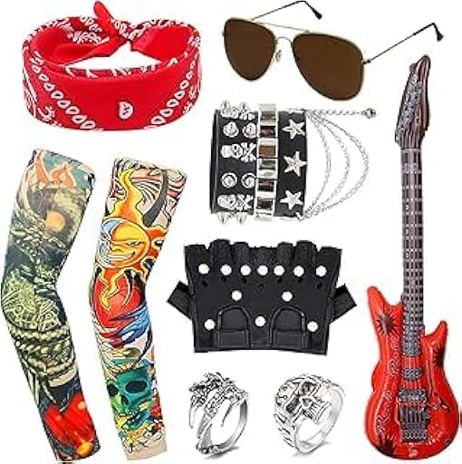 Fartoni Disfraz Rock Punk Años 80 para Adulto – Kit 11 Accesorios Rockero con Guitarra Hinchable, Gafas, Guantes, Bandana y Pulseras – Complementos Carnaval y Fiestas Temáticas | Ya disponible en tu tienda friki favorita! En mundofriki.es!