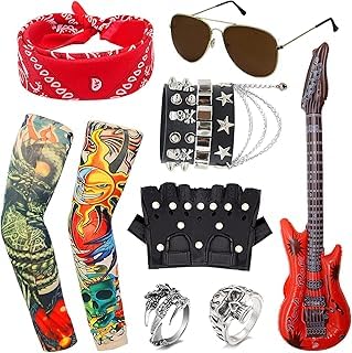 Fartoni Disfraz Rock Punk Años 80 para Adulto – Kit 11 Accesorios Rockero con Guitarra Hinchable, Gafas, Guantes, Bandana y Pulseras – Complementos Carnaval y Fiestas Temáticas
