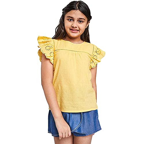 Image of global desi Self Design Cotton Round Neck Girls Tunic (S21GDR216TPCDYE-P)