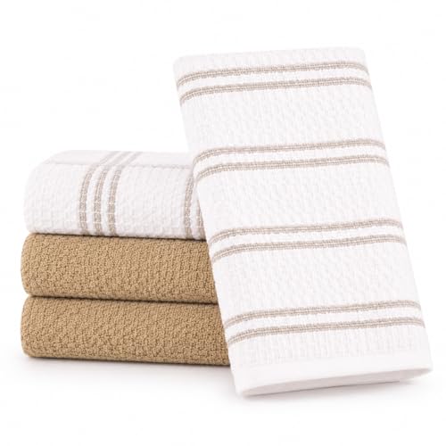 Image of Kitchen Towels Set of 4, Cotton Waffle Weave Dish Towels, 2 Solid & 2 Striped Kitchen Hand Towels, Super Absorbent Taupe and White Tea Towels, 18 x 28 Inch