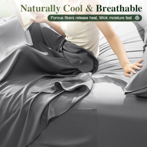 Image of 100% Organically Grown Bamboo Viscose King Sheet Set with Pockets on Side | Hotel Luxury Bed Sheets Set, Deep Pocket Up to 16 Inches, Ultra Soft Cooling Sheets 4pcs (Grey)